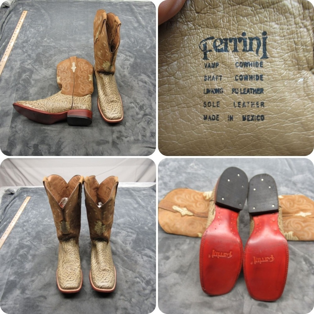 Ferrini Cowboy Boots Mens 12D Beige Cowhide Faux Elephant Square Pull On RARE